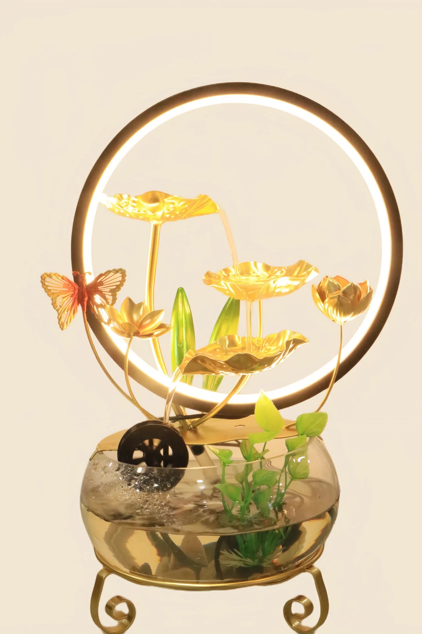 Golden Lotus LED Water Fountain with Circular Frame