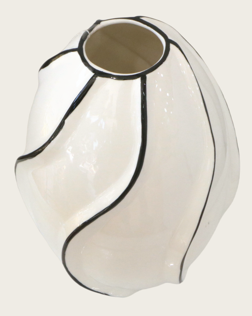 Modern White Ceramic Vase with Black Swirl Design